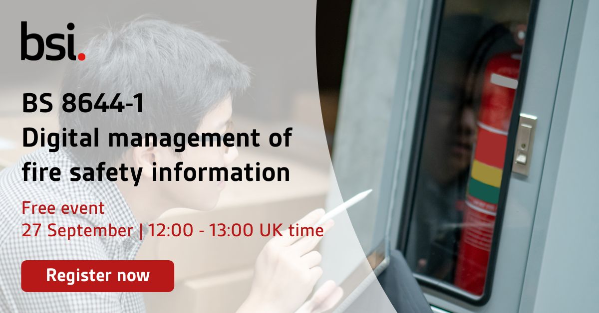 BSI_UK's tweet photo. Get expert insights and have your say, when we introduce the new digital fire safety information standard BS 8644-1:2022 at a FREE webinar on 27 September.
Register now: https://t.co/V2LKtqmUtE
#BS8644 #BSIevent #InformationManagement #FireSafety https://t.co/36hijf5fZg