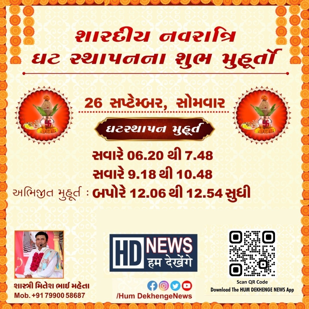 humdekhengenews's tweet photo. શારદીય નવરાત્રિમાં ઘટ સ્થાપનના શુભ મુહૂર્ત
વધુ ન્યૂઝ વાંચવા માટે https://t.co/WsBIZMAUfJ જાઓ.
#navratri2022 #Navratri #NavratriSpecial #miteshbhaimaheta #navratripost #murat #sardiynavratri #Gujarat #gujaratinews #humdekhengenews #gujaratnavratri #ahmedabadnavratri https://t.co/OQn59xE2w9