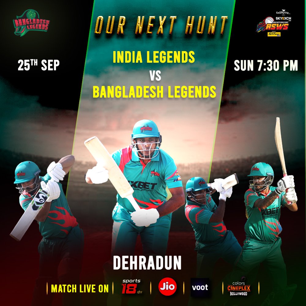 Are you ready for it? Catch us battle it out with <a href="/india_legends/">India Legends #2GG2VRGU.</a> today at 7.30 PM!

Watch all the action LIVE only on <a href="/colorscineplex/">Colors Cineplex</a>, Colors Cineplex Superhits, @voot, Jio, and Sports18 Khel 📺

#RoadSafetyWorldSeries #RSWS #BangladeshLegends #TeamBangladesh #Bangladesh #Cricket