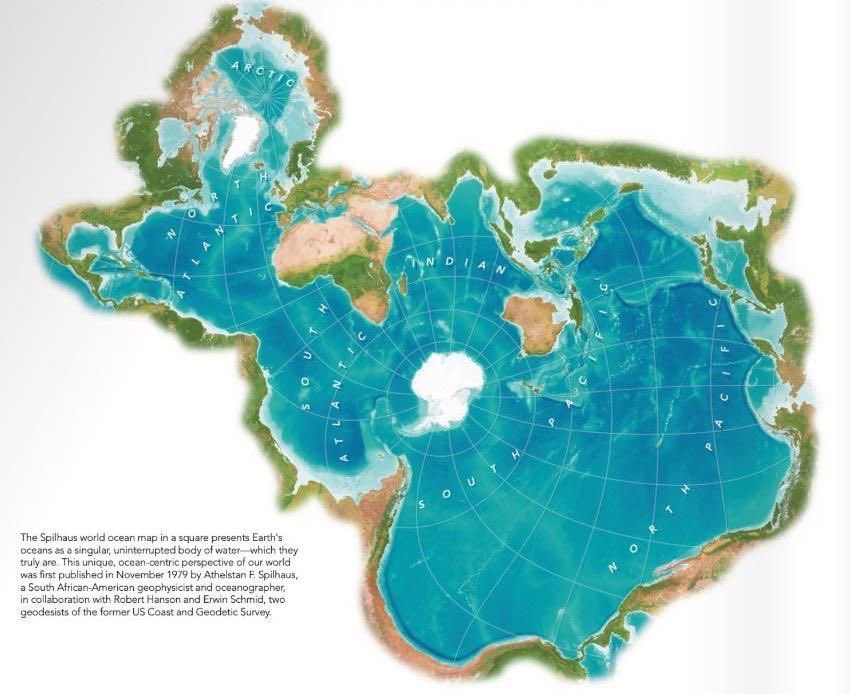 🐟 Le monde vu par les poissons ! On appelle cette projection une vue de Spilhaus. 
En voici plusieurs ici et l'histoire de sa conception : buff.ly/3a1g11P 

#carte #maps #geo #oceans