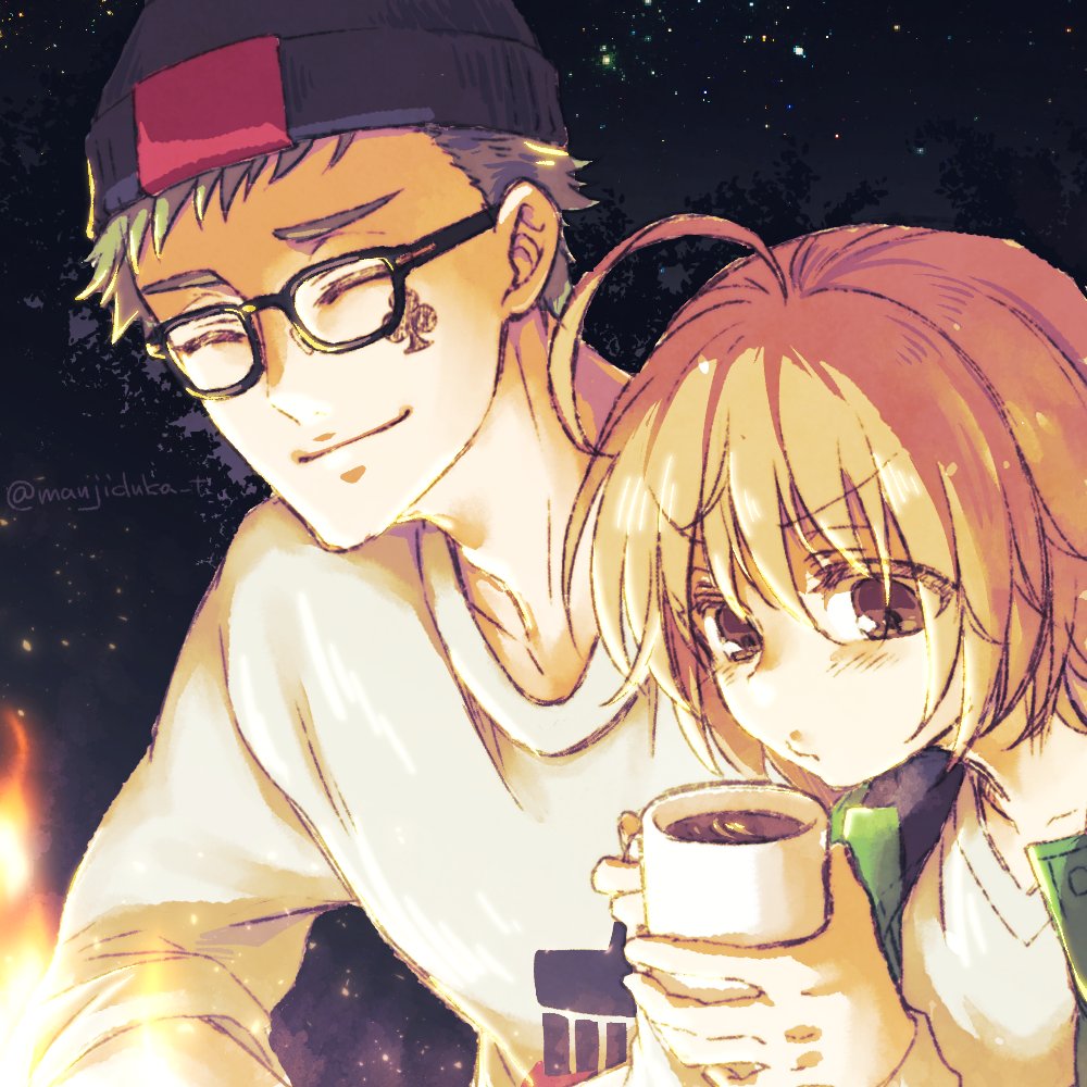 1girl 1boy cup glasses fire holding cup short hair  illustration images