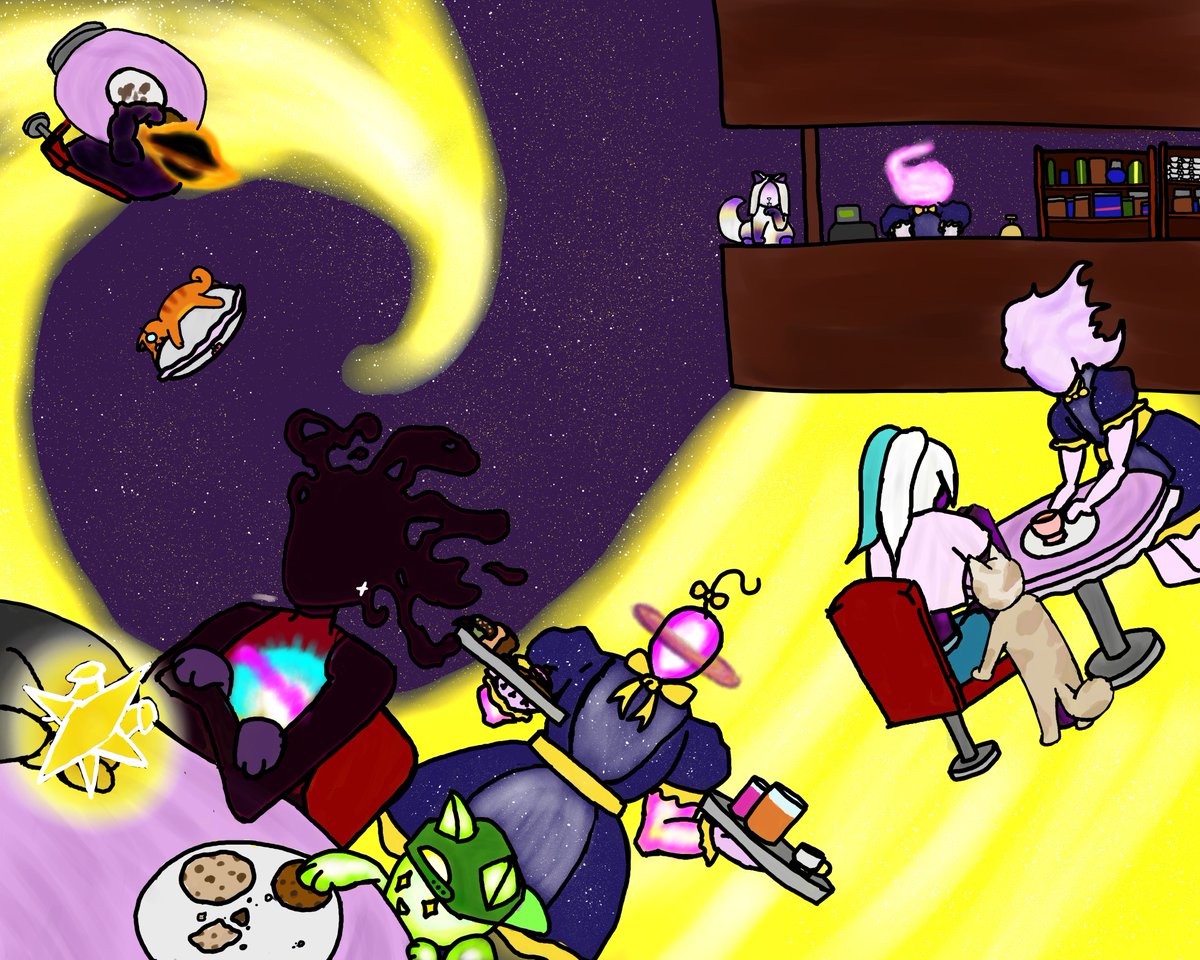 Avec pas mal de retard, j'ai fini par faire l'illu avec les 12 sonas. Bienvenue au cat café Distordu où l'espace n'a pas vraiment de sens.