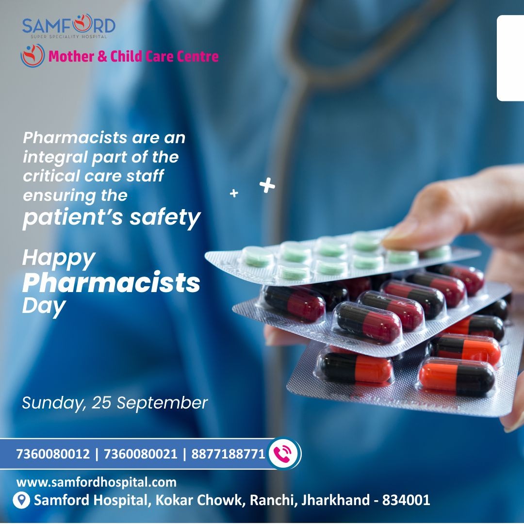 SamfordHospital's tweet photo. This World Pharmacists Day, let’s pay our pharmacists their due wishes and salute them for helping patients. Samford Family wishes you a very happy World Pharmacists Day to all of you!
#SamfordHospital #SamfordFamily #SamfordRanchi #Ranchi #Jharkhand https://t.co/dt7ebotmGg