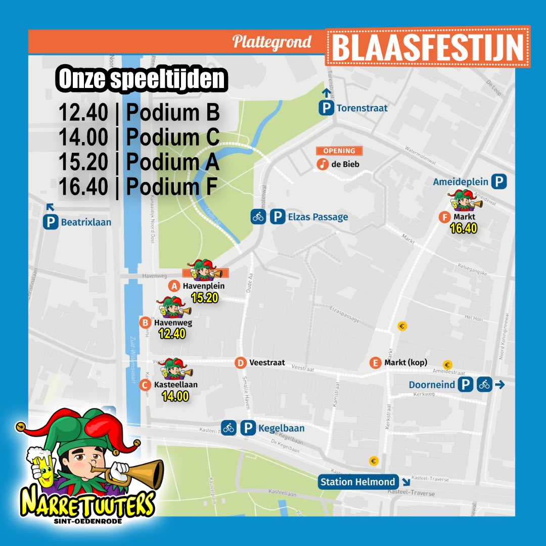 narretuuters's tweet photo. Wie zien wij vandaag tijdens het 𝒃𝒍𝒂𝒂𝒔𝒇𝒆𝒔𝒕𝒊𝒋𝒏 in Helmond?  Zie hieronder ons speelschema. Met 24 kapellen maken we vandaag een mooi 𝒇𝒆𝒆𝒔𝒕𝒋𝒆! 💚

 #blaasfestijnhelmond #narretuuters #speule #blaaskapel #dweilorkest #feestje Blaasfestijn Centrum Helmond https://t.co/D0oVN7fETM