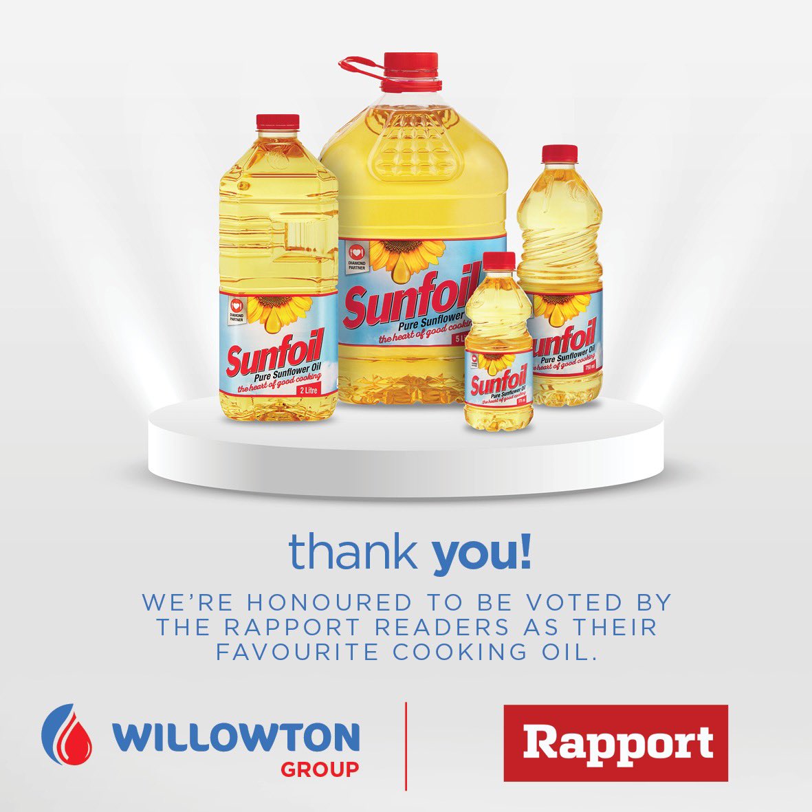 WillowtonGroup's tweet photo. Over 600 000 #Rapport Readers have spoken, and overwhelmingly #voted #Sunfoil as their #favourite cooking oil!  The only 100% pure sunflower seed oil that is naturally cholesterol free to be awarded Diamond partner status by the Heart and Stroke Foundation https://t.co/PBPBAtmnqk