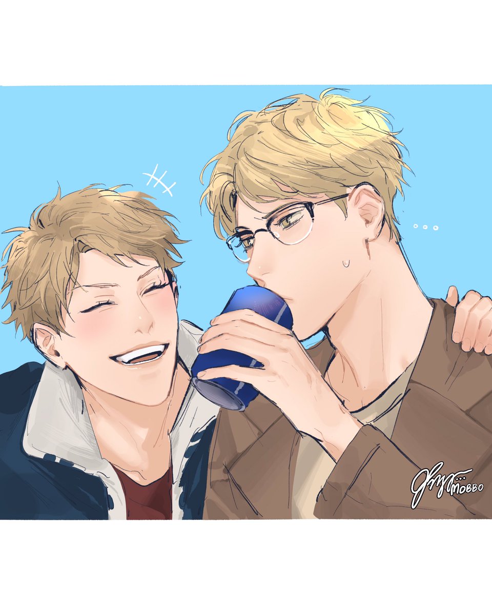 2boys multiple boys drinking male focus glasses blonde hair jacket  illustration images