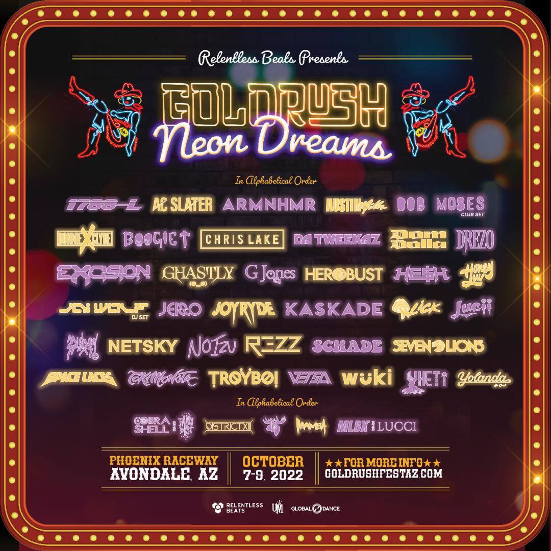Hits100AZ's tweet photo. Giving away two pairs of General Admission tickets to @GoldrushFestAZ! Tag who you would bring with, RT &amp; comment #Hits100PickMe. Winner will be awarded on Wednesday September 28th at 6pm. Thanks @RelentlessBeats for hooking us up! #Music #DanceMusic #EDM #Electronic #Arizona https://t.co/kYevlcJ5dN