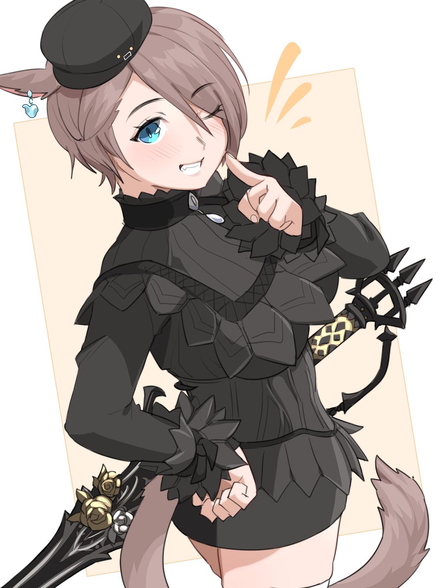 avatar (ff14) 1girl miqo'te tail one eye closed animal ears hat cat tail  illustration images