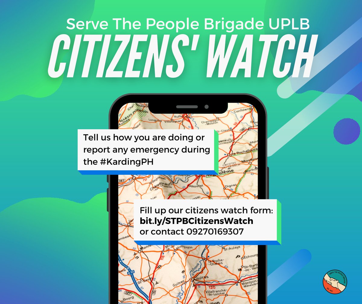 stpbuplb's tweet photo. STPB UPLB CITIZEN'S WATCH
📌 Here are ways on how you can tell us how you are doing and how we can help during Typhoon #KardingPH:
1. Fill up this form:
https://t.co/N9ktP73Upv
#ReliefPH
#KardingPH
#STPBRelief https://t.co/9aDshQeiKg