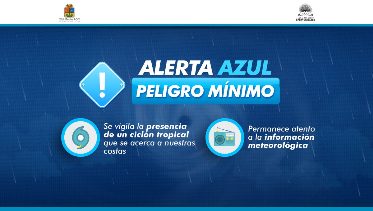 🔵Se emite Alerta Azul de acercamiento (peligro mínimo) para todo Quintana Roo, por la tormenta tropical “Ian”. Se ubica a 1,100 km al sureste de nuestras costas y se desplaza hacia el oeste noroeste, aproximándose al occidente de Cuba sobre el Canal de Yucatán. <a href="/ProtCivil_QRoo/">Coordinación Estatal de Protección Civil QRoo</a>