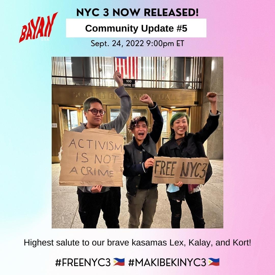 ABManhattan's tweet photo. 🇵🇭 #FREENYC3 UPDATE #5

Pagpupugay, NYC 3: Lex, Kalay, and Kort! 👏🏾 Our collective action ensured the swift release of our kasamas. While it is a huge relief to be with them, we know it will be a long and trying battle to show the truth and drop the charges against them. https://t.co/cX6BA16SXY