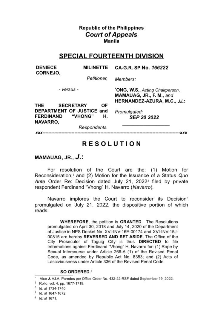 ABSCBNNews's tweet photo. JUST IN: Court of Appeals denies comedian-host Vhong Navarro’s motion for reconsideration of its decision overturning the DOJ’s dismissal of Deniece Cornejo’s complaints.

The CA had ordered the filing of rape, acts of lasciviousness charges vs Navarro. | via @mikenavallo https://t.co/D2ztACOxuC