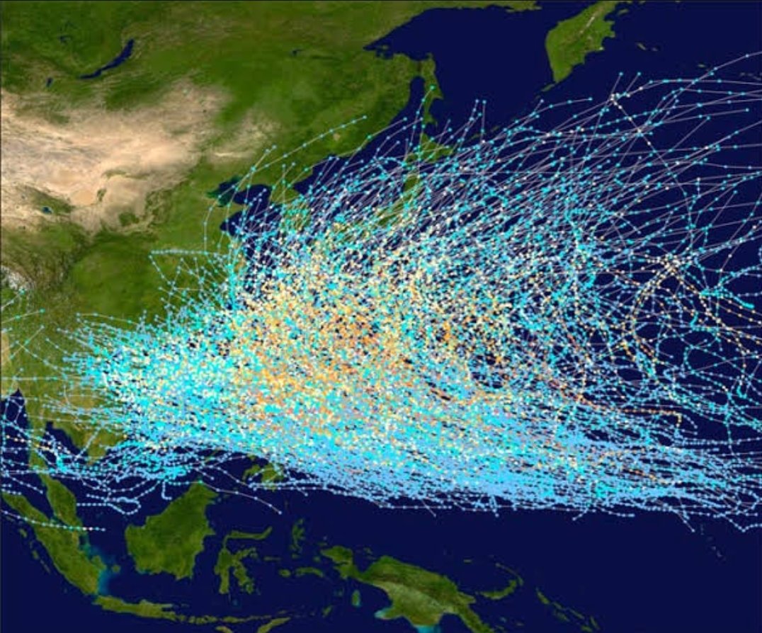 MiguelCuneta's tweet image. Another super typhoon about to hit the Philippines and Manila. Here's a chart of Western Pacific tropical storm paths from 1980 to mid 2000s -- you cant even see the PH anymore.
You're welcome, rest of Southeast Asia!