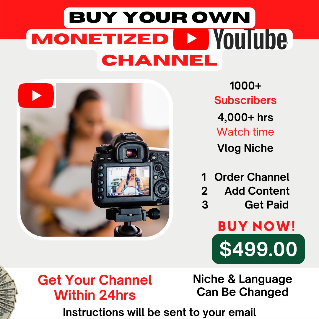 seoblk's tweet photo. YouTube Channel For SALE Monetized: Vlog Niche, 1000+  Subscribers 4000+ Watch Hrs 1-2 Day Delivery Language &amp; Niche Can Be Changed. 
Add Content &amp; Get Paid!  Order Now!
https://t.co/8tVJn976o7 #YouTuber #WFH  #CreatorEconomy #YouTube #Entrepreneurs #socialmedia #digitalnomad https://t.co/duqtfZMtIy