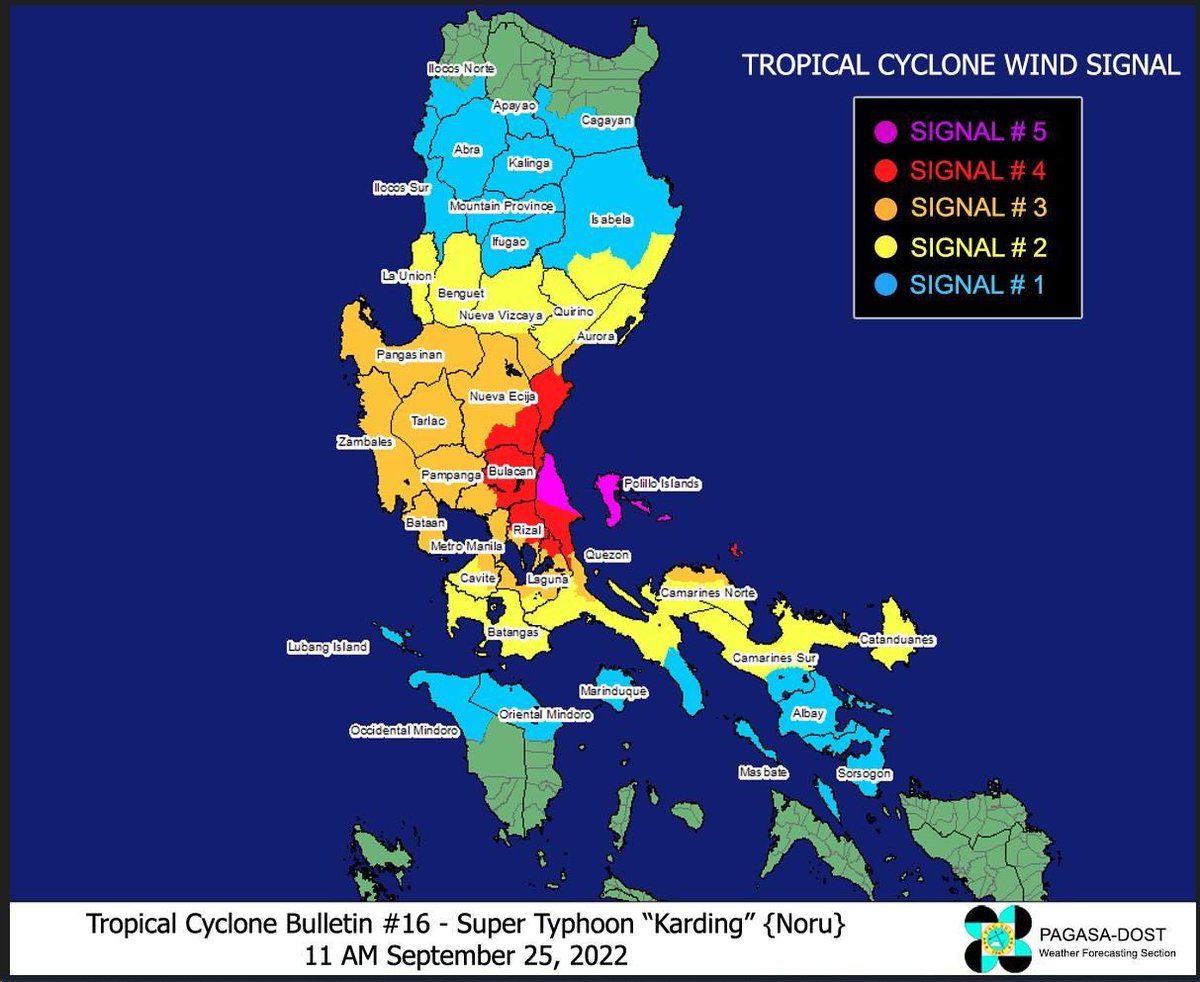 arielrojasPH's tweet photo. Super Typhoon #KardingPH intensifies further as it moves westward towards the northern Quezon-southern Aurora area.

Signal No. 5 now up in Polillo Islands and extreme northern Quezon. Signal No. 4 also up in many areas. https://t.co/u5WvCIm1BX