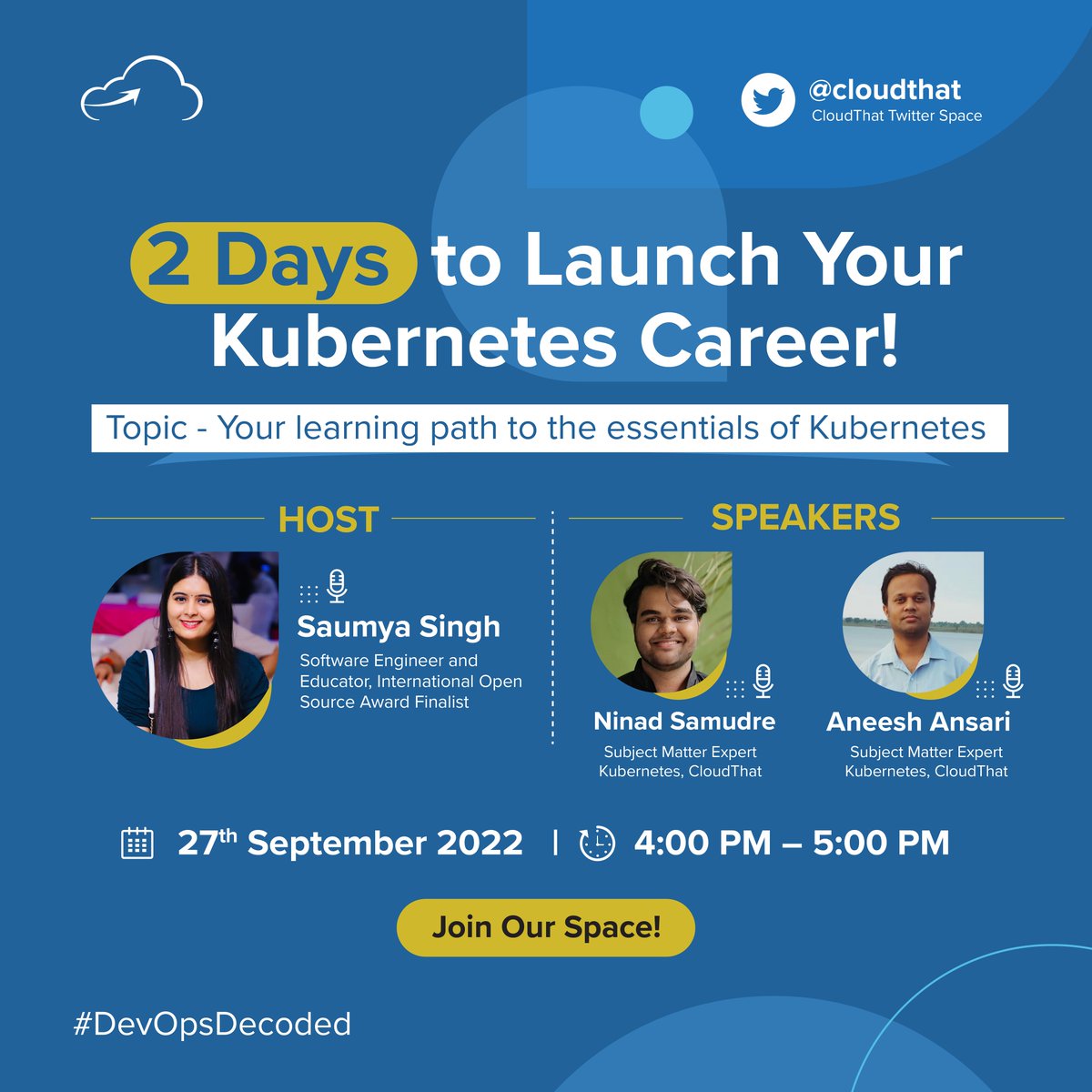 cloudthat's tweet photo. Join our Twitter Space to get a first-hand account of the best ways to build your #Kubernetes #career from our in-house #certified experts!
Set a reminder to join our space - https://t.co/7R7nk74uzr
@saumya1singh @ninadsamudre05 @aneeshdevsecops
#DevOps #DevOpsDecoded https://t.co/033lY091qh