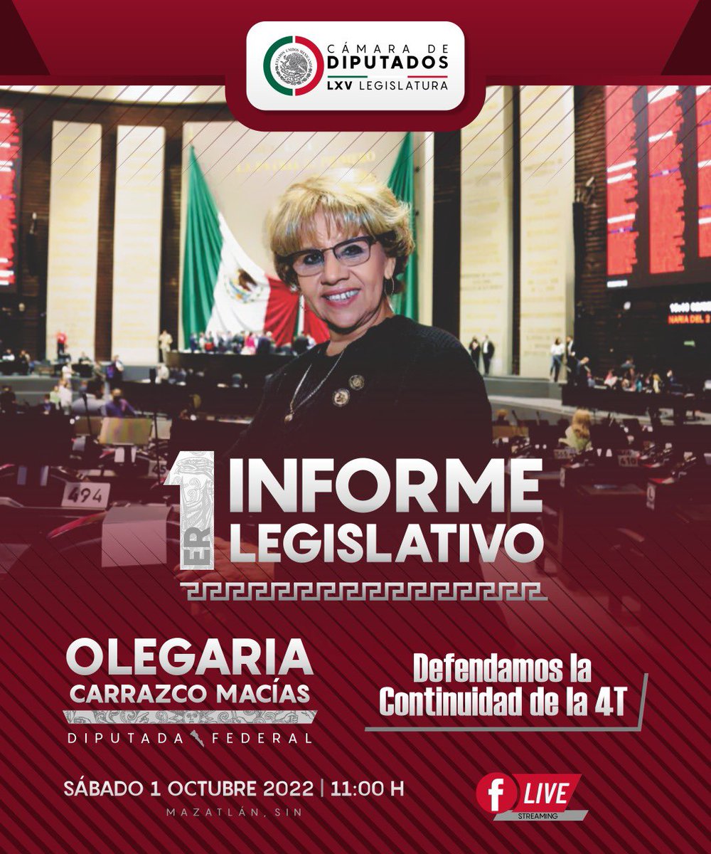 Amigas y amigos, tengo el gusto de invitarlos a seguir mi rendición de cuentas, a través de mi primer informe de labores a la 65 legislatura.

La cita: 

📆 Fecha: Sábado 1 de octubre de 2022
⏰ Hora: 11:00 am., 

¡Síganme a través de Facebook Live! 

#OlegariaCarrazco
#La4TSigue