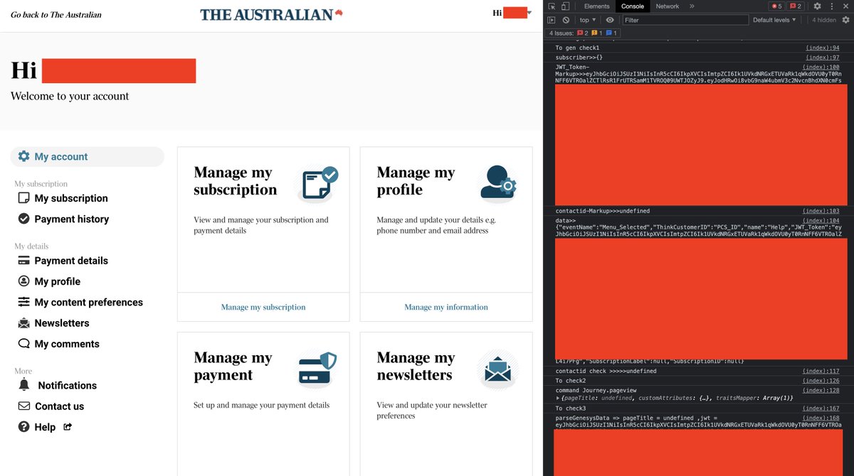 Pretty poor form of <a href="/australian/">The Australian</a> to allow users to add/modify payment methods through the website, but require a phone call within business hours to remove them. But I guess poor form is to be expected when your site straight up prints your authentication token to the console😂