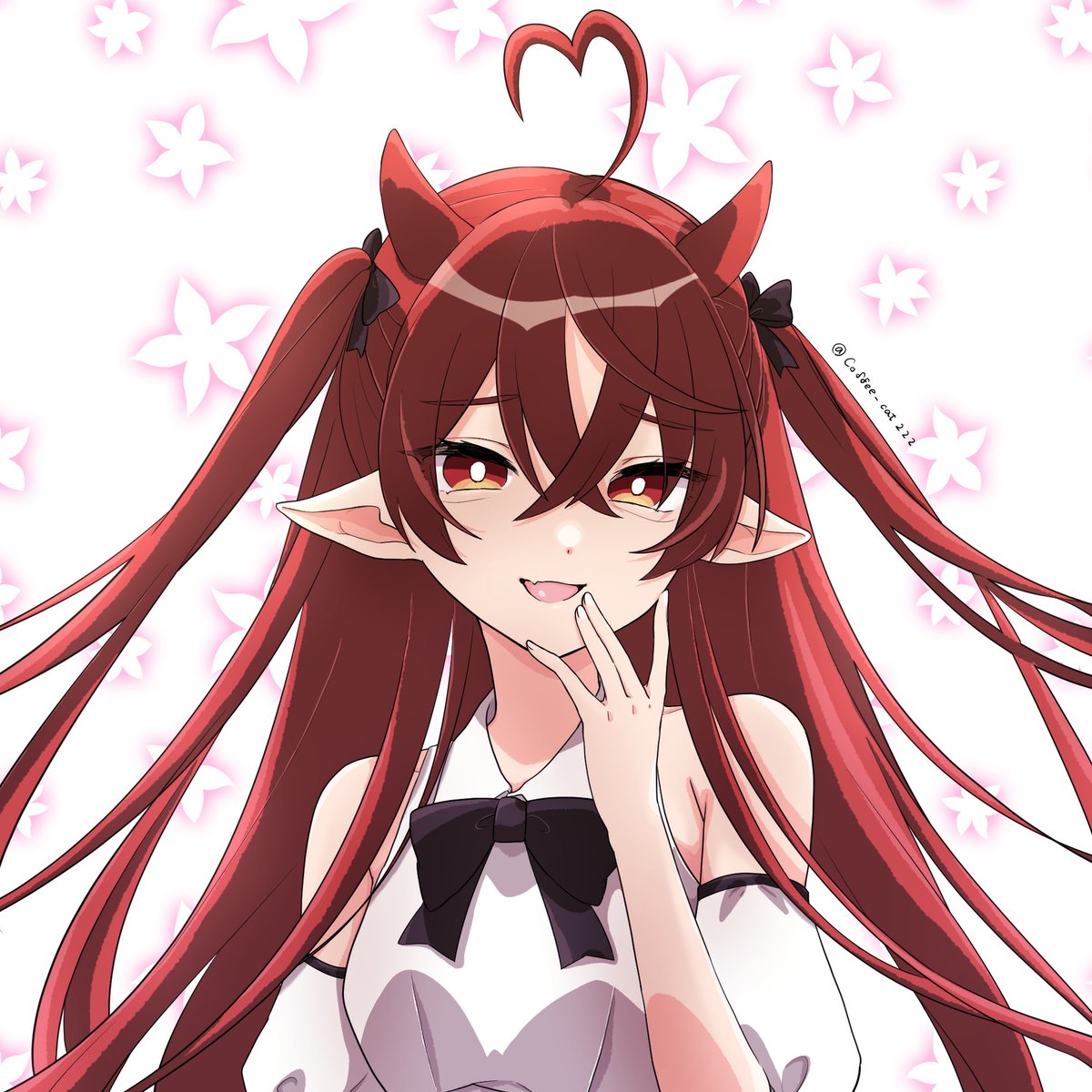 1girl horns pointy ears ahoge solo bow long hair  illustration images