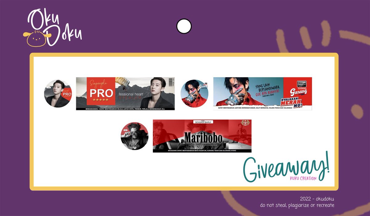 OKUD0KU's tweet photo. GIVEAWAY TIME 🔔

Okudoku kedatangan katalog baru jadi mau adain giveaway buat katalog rokok 3.0 inii! 

Syarat :
1. Follow @OKUD0KU 
2. RT tweet ini dan tag 2 temen kamu ( tidak wajib )
3. RT layout yang kamu mau 
4. end TBA

#zonauang #zonajajan https://t.co/taSMPtbosR