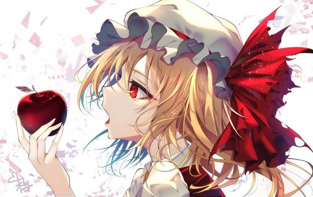 flandre scarlet 1girl hat solo red eyes food apple fruit  illustration images