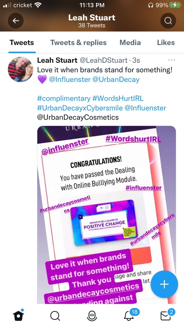 LeahLeftrick's tweet photo. #complimentary #WordsHurtIRL #UrbanDecayxCybersmile @Influenster @UrbanDecayCosmetics https://t.co/sbPUlxQejs