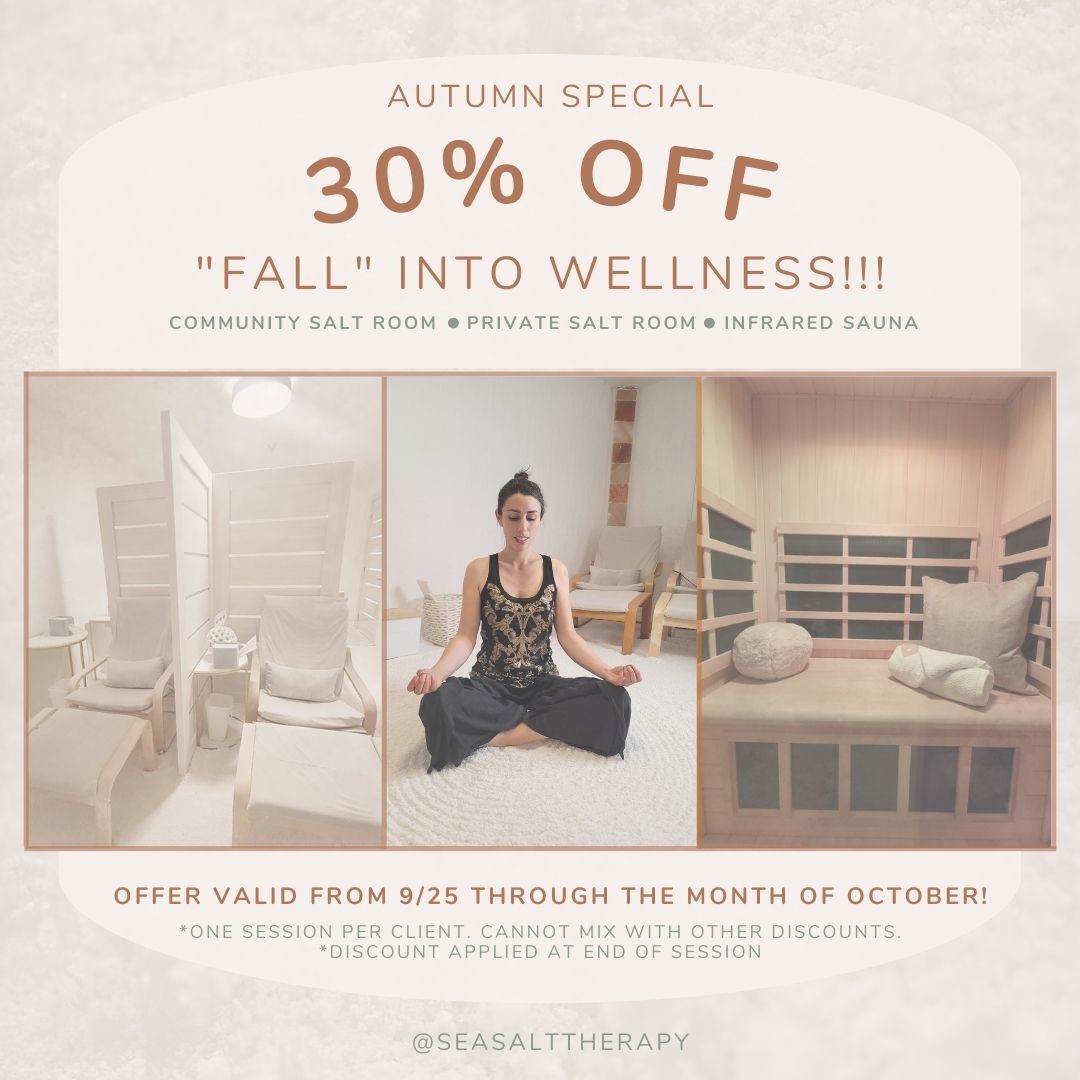 SeaSaltTherapy's tweet photo. Sea Salt Therapy welcomes Autumn with our "Fall" Into Wellness Sale! Get 30% off a single Community Salt Room, Private Salt Room, or Salt Booth session for the month of October. Book your session (link in bio) or call us at 408.369.1486 https://t.co/iaRXHspNyf