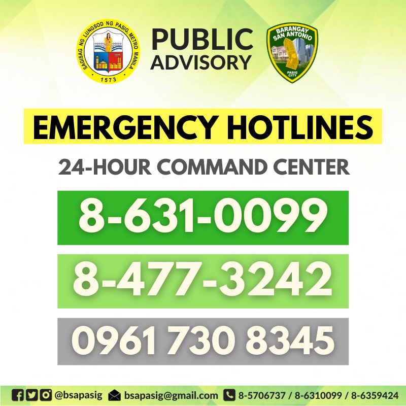 bsapasig's tweet photo. In case of emergency, please contact @bsapasig 24-Hour Command Center: 8-6310099 / 8-4773242 / 0918-625-4428. βοΈπ± Stay alert and keep safe always, mga kabarangay! β
#TyphoonSafetyTips #BidaAngHandaBSA #TuloyAngSerbisyoBSA https://t.co/ZwGEaop0Se
