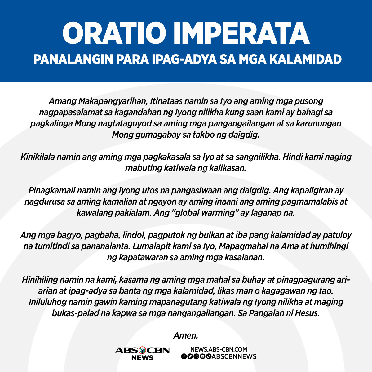 ABSCBNNews's tweet photo. Basahin ang Oratio Imperata para nawa'y ipag-adya sa mga kalamidad. #KardingPH https://t.co/qzKBO8lb80
