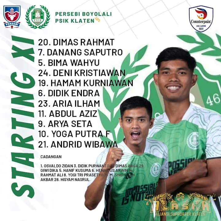 Alaska_PSIK46's tweet photo. #PSIKDAY Sebelas pertama untuk hadapi Persebi Boyolali.
Fokus bawa pulang poin penuh.
Optimis Klaten! ✊
#Nyawiji
_
.
.
#bangkitsepakbolaklaten
#PSIKKLATEN
#ALASKANYAWIJI
#ALIANSISUPPORTERKLATEN
#SEMANGATMENOLAKMENYERAH #Liga3 2022 #Liga3 https://t.co/wukJnSVuFW