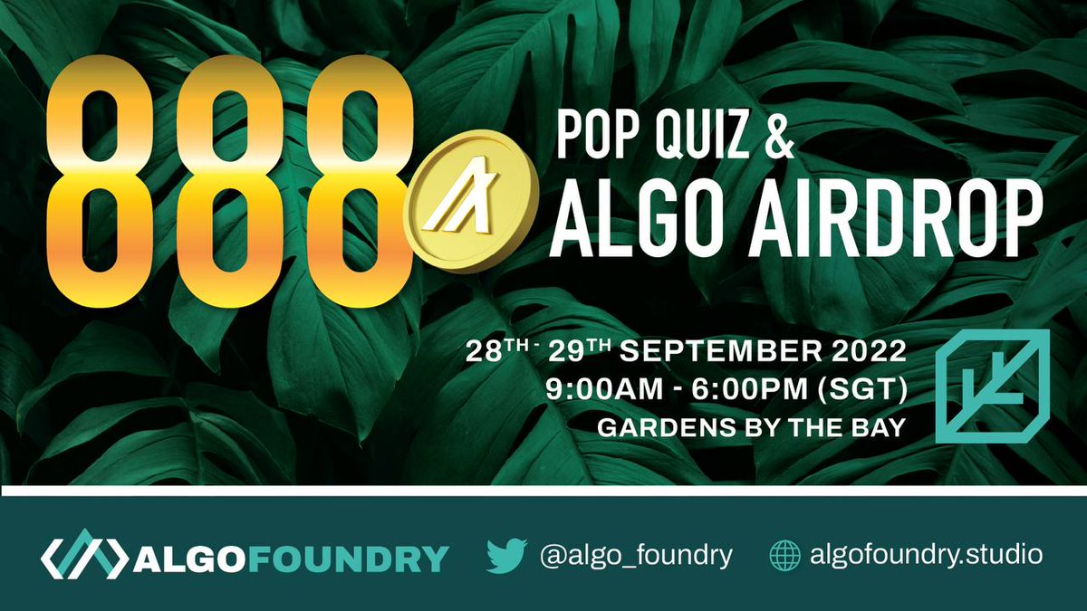 algo_foundry's tweet photo. In addition to the above, we are giving away $ALGO too!
π― Come join us for some fun & games at the #Algorand Greenhouse #HackShack π―
π° Win 8 $ALGO by getting 2 questions correct for the #PopQuiz & participants will stand a chance to win 88 $ALGO π°
π«https://t.co/af2Z2yCIjF https://t.co/9EmYkBLKhq