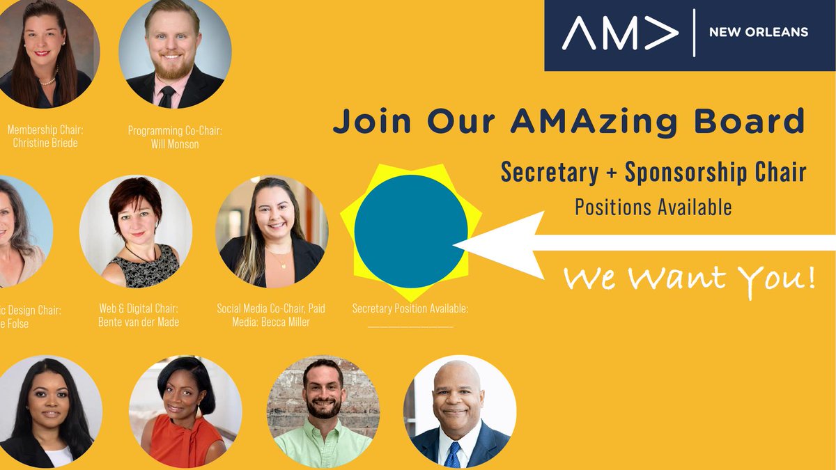 amaneworleans's tweet photo. Interested in gaining leadership experience and expanding your network? 

We have two open board positions: Secretary and Sponsorship Chair. Join our team of AMAzing marketers!

Send us a message or reach out here: https://t.co/cKdZ4YXcBH https://t.co/Hoi6PbawtL
