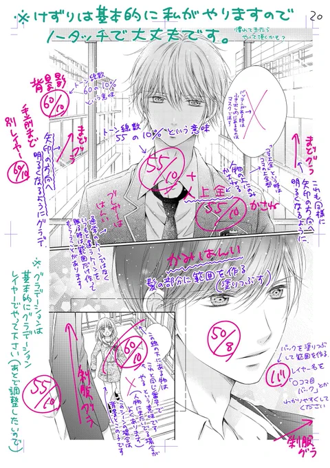 今のアシスタントさんたちに最初の研修で渡した資料です。赤色が実際の指定で、紫色が説明。
これはものすごーーーく丁寧に字を書いてます笑(普段はギリ判別出来るレベル…)
今は人物影はほぼ100%自分で貼ってるので、もう少し指定もさわやか(゜∀゜) 