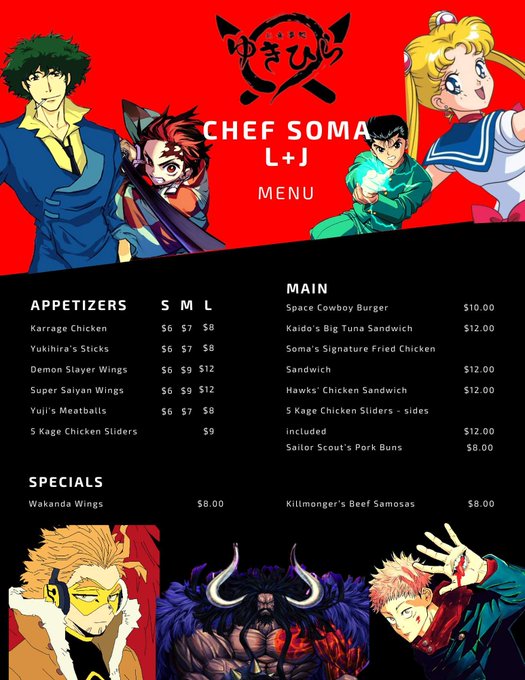 Finally got my menu finished #ChefSomaL&amp;J Food Truck coming soon to a anime convention near you #Dreamcon2023<a href="/tag/chefsomal"class="tags">#ChefSomaL</a><a href="/tag/dreamcon2023"class="tags"><span>#dreamcon2023</span></a><a href="/tag/blerdcon2023"class="tags"><span>#blerdcon2023</span></a><a href="/tag/dragoncon2023"class="tags"><span>#dragoncon2023</span></a>