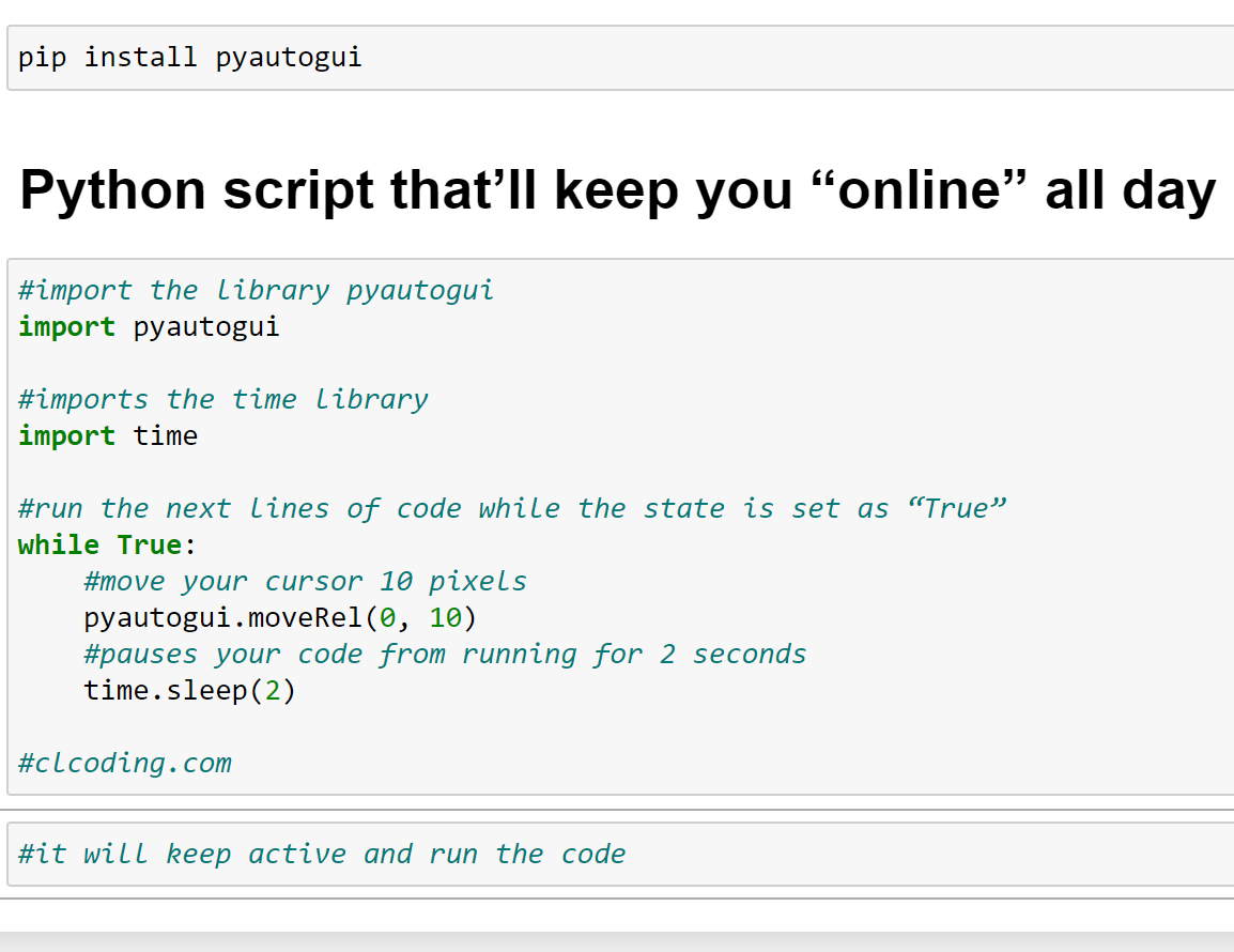 clcoding's tweet image. Python script that’ll keep you “online” all day youtu.be/e4cRMeDDu_Y