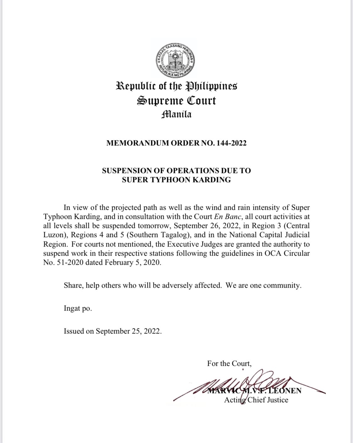 Philippine Supreme Court Public Information Office on Twitter "READ MEMORANDUM ORDER NO. 144