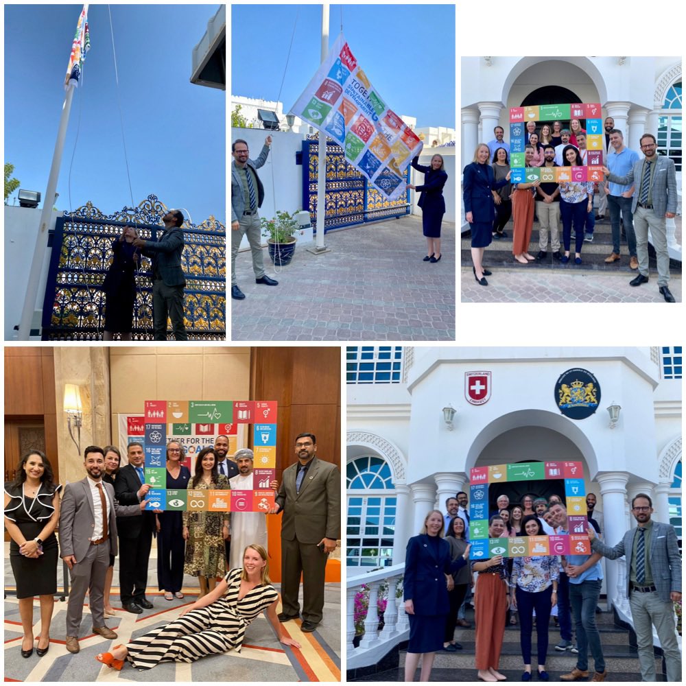 Today we celebrate the 7th anniversary of the #SDGs! 🇳🇱 raised the #SDG flag with 🇨🇭. We all need to accelerate our efforts to achieve the #2030Agenda #leavingNoOneBehind ⁦<a href="/NLinOman/">Dutch Embassy Oman</a>⁩