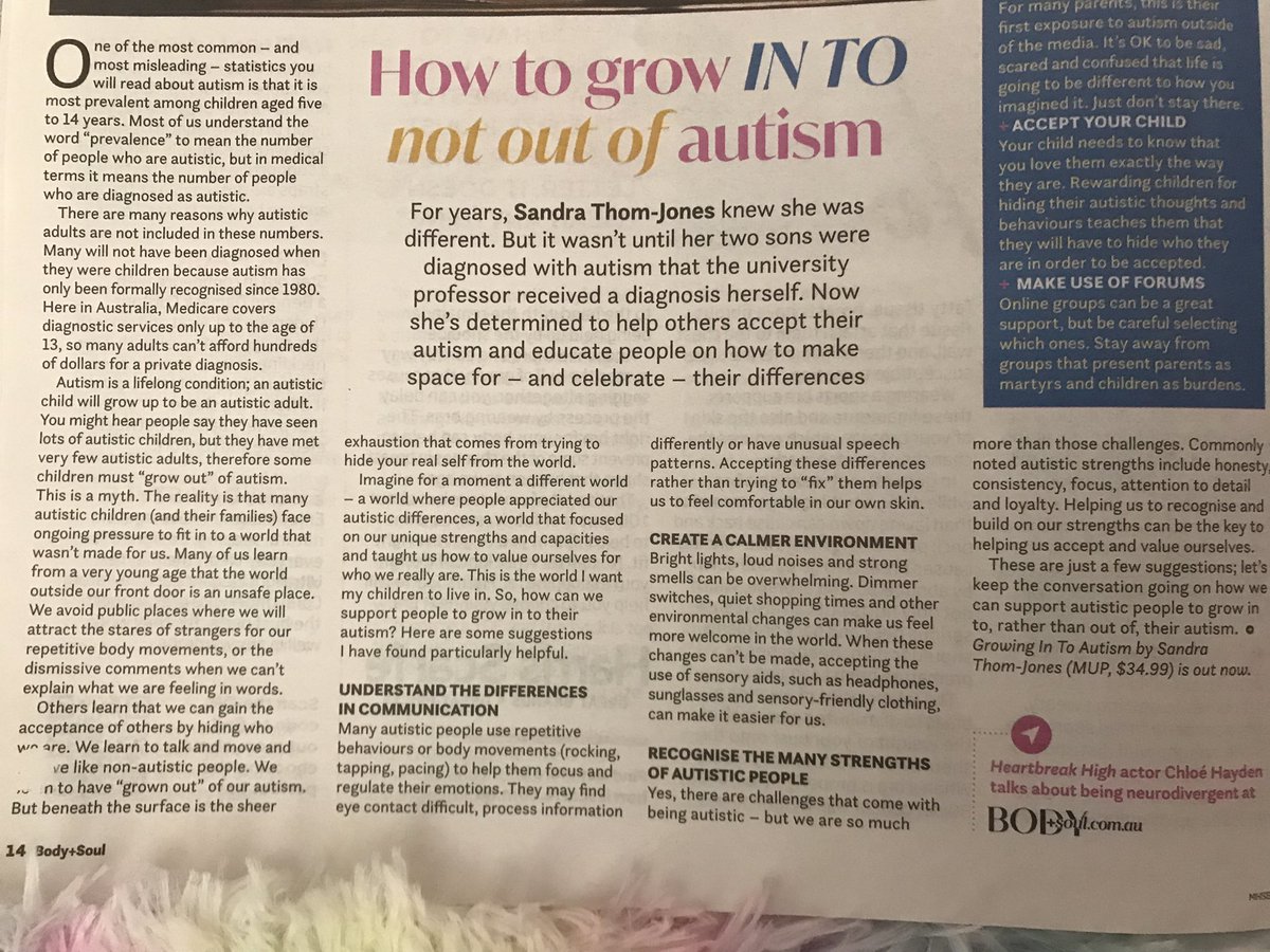 AutisticProf's tweet photo. Thank you @bodyandsoul_au for inviting me to write about how to grow IN TO autism, and for promoting my book (and to @MUPublishing for publishing the book) #ActuallyAutistic #autism #inclusion #growingintoautism https://t.co/xgOT46jvN0