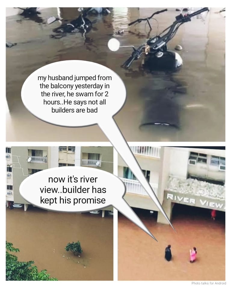 Let us read their conversation 👉
Lady 1 says "my husband jumped from the balcony yesterday in the river, he swam for 2 hours..He says all the builders are not corrupt,some are good like ours"
Lady 2 says "now it's river view..builder has kept his promise"
#noida #builders