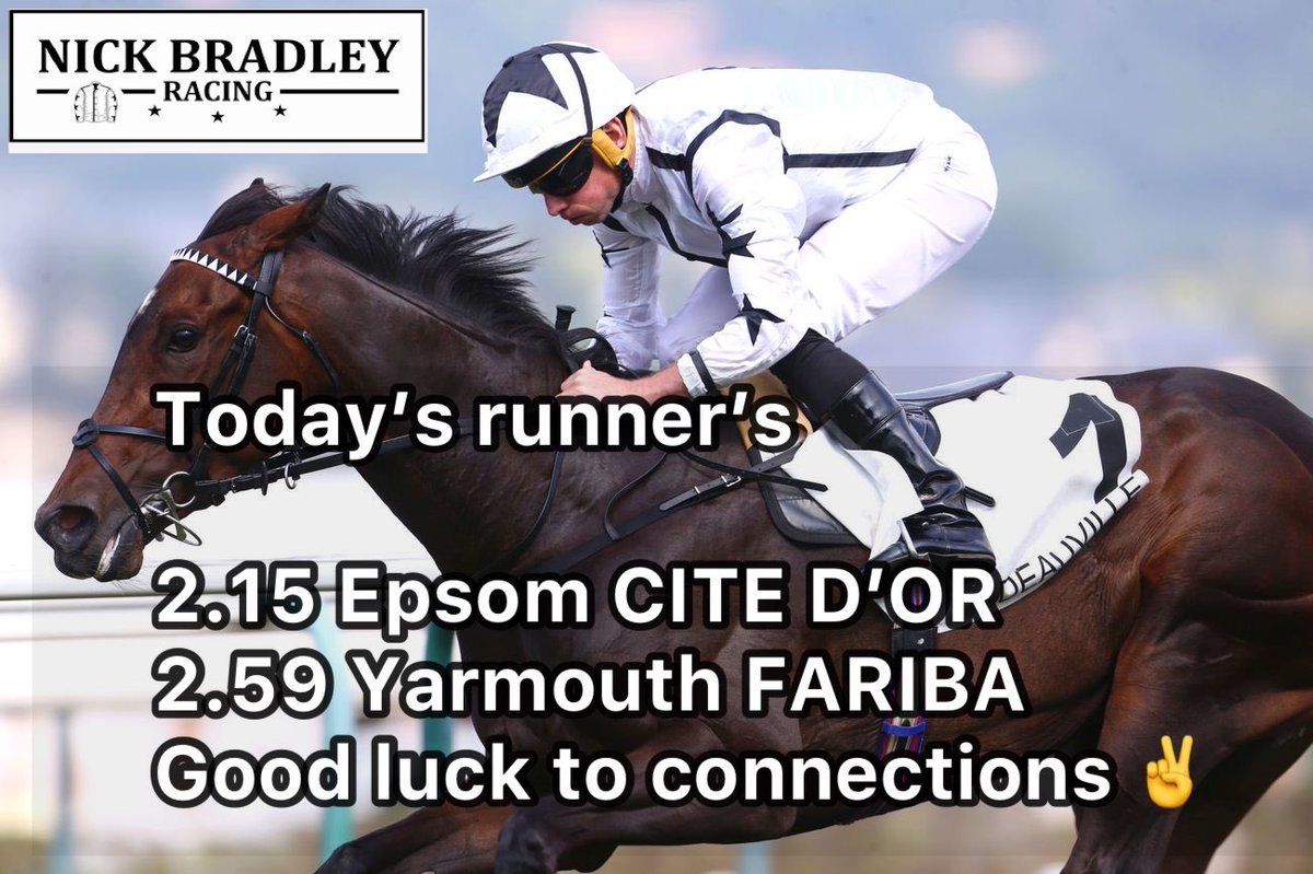 Two nice fillies running today for ⁦<a href="/NickBradley_1/">Nick Bradley</a>⁩ Cite D’or 🐎 ⁦<a href="/kevinphilippart/">Kevin Philippart</a>⁩ ⁦<a href="/pljamin25/">Pierre-louis jamin</a>⁩  Fariba 🐎 ⁦<a href="/H_Eustace/">Harry Eustace</a>⁩ ⁦<a href="/jonnypeate2/">jonny peate</a>⁩ Good 👍 luck 🍀 to all connections