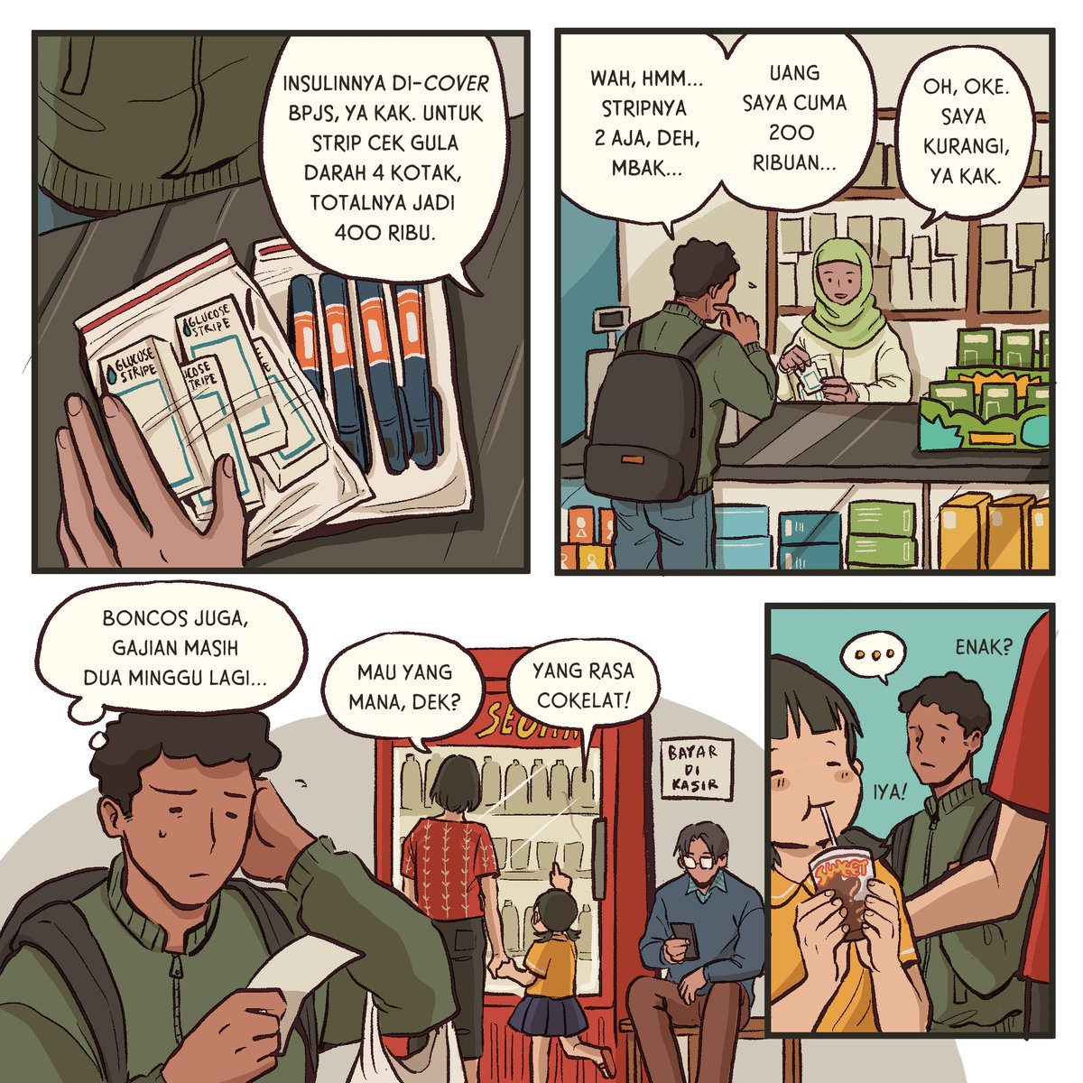 FYIndonesians's tweet photo. Minuman berpemanis itu murah, di mana-mana bisa kebeli dengan mudah. 

Yang mahal itu insulin, obat, dan risiko kesehatan lainnya yang baru akan kerasa di masa depan. 

#AkuBijakMinumSehat

comic by: @gambarnana https://t.co/T6lR5dxHkB