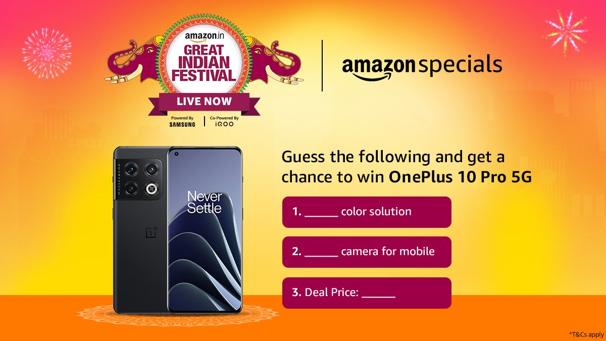 Here's your chance to get your hands on the stunning OnePlus 10 Pro 5G! Comment your answer with #OnePlus10Pro5GOnAmazonSpecials and #AmazonGreatIndianFestival to win.