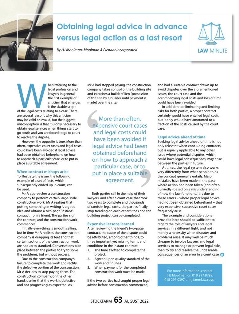 MoolmanPienaar's tweet photo. Obtaining legal advice in advance vs legal action as last resort. 

Voortydige regsadvies vs regsoptrede as laaste uitweg. 

#preventionisbetterthancure @Veeplaas1 @AgriOrbit @Stockfarmmag https://t.co/To1K3TPxjS