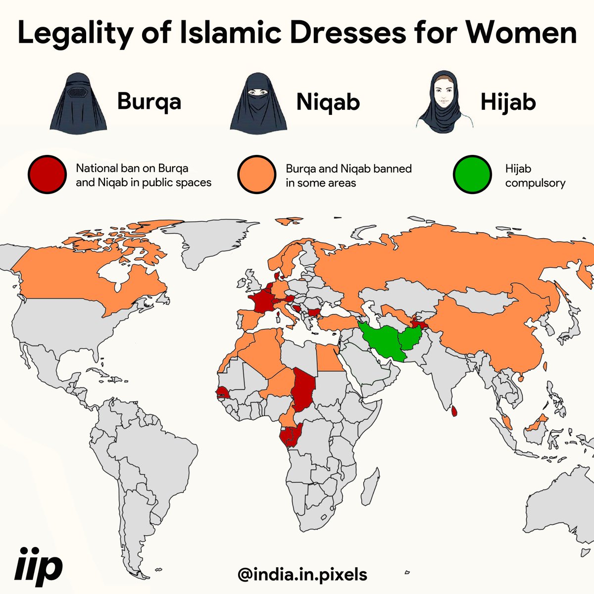 Organised_Chao5's tweet photo. The West and its media, feminists and faux-White saviours want everyone to focus on 'saving' Muslim women in the countries in green

But they are silent and suddenly forget about the rights of Muslim women when it comes to the countries in orange and red https://t.co/48aLACNDi1