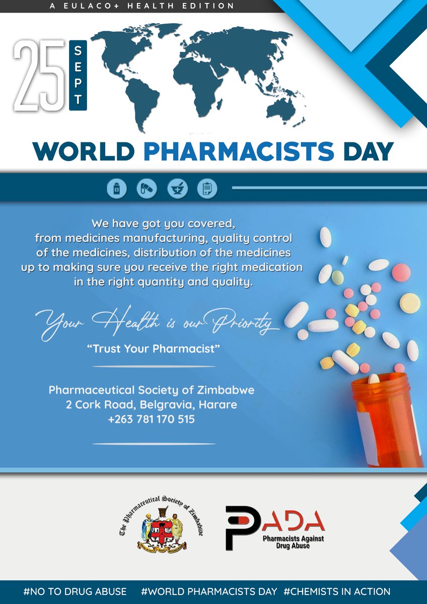 World Pharmacists Day 💊
#25September 
#TrustYour Pharmacist 

<a href="/PSZ_Org/">Pharmaceutical Society of Zimbabwe</a> <a href="/MoHCCZim/">Ministry of HealthZW</a> <a href="/FIP_org/">FIP</a> <a href="/NewsDayZimbabwe/">NewsDay Zimbabwe</a> <a href="/HeraldZimbabwe/">The Herald Zimbabwe</a> <a href="/WHO/">World Health Organization (WHO)</a> <a href="/MCAZofficial/">Medicines Control Authority of Zimbabwe</a>  <a href="/luckiebunu/">Luckmore Bunu</a> <a href="/WHO_Zimbabwe/">WHO Zimbabwe</a> <a href="/pmwendera1/">Portifa</a>