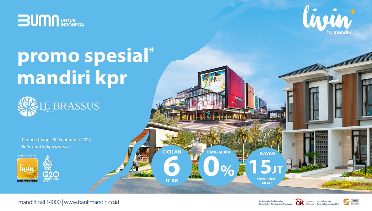 bankmandiri's tweet photo. Cukup bayar rumah Rp15 juta di Citra Raya Le Brassus bisa langsung akad lho! Dapetin promo spesial cicilan mulai dari Rp6 juta + DP 0% dan tambahan benefit lainnya dengan Mandiri KPR.

Berlaku hingga 30 September 2022. Info: https://t.co/EET9vC765D

#mandiripromo #mandirikpr https://t.co/QLr8wOhKF9