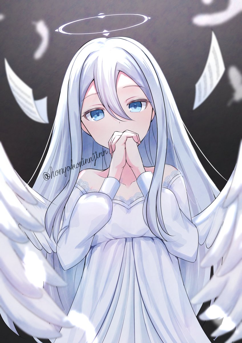 1girl solo long hair dress halo wings blue eyes  illustration images