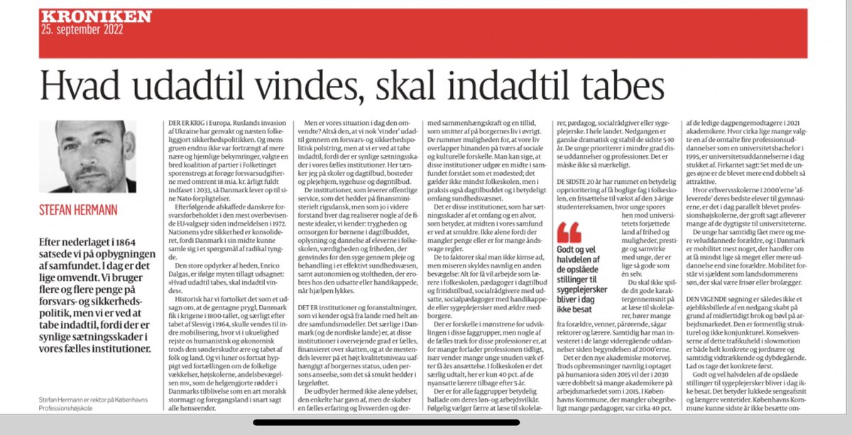 Hvad udadtil vindes, skal indadtil tabes kunne blive et nyt, men trist motto: Vores fælles institutioner er ved at få sætningsskader. Det er tid til national samling om nøgleinstitutioner og -professioner som pædagog og sygeplejerske, lærer og socialrådgiver🙏🏼 #uddpol #dkpol