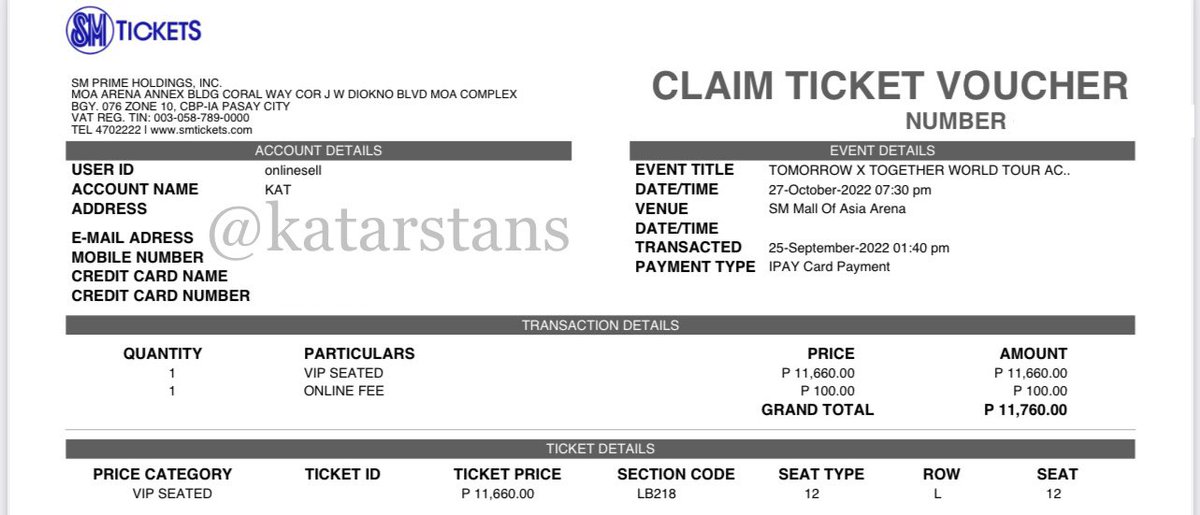 wts txt ph  

act: lovesick mnl 
(1) VIP SEATED DAY 1 (oct  27)
₱11,760
rfs: got my desired tix tyl

PAYO ONLY // can send proofs via dms! 🙏🏻