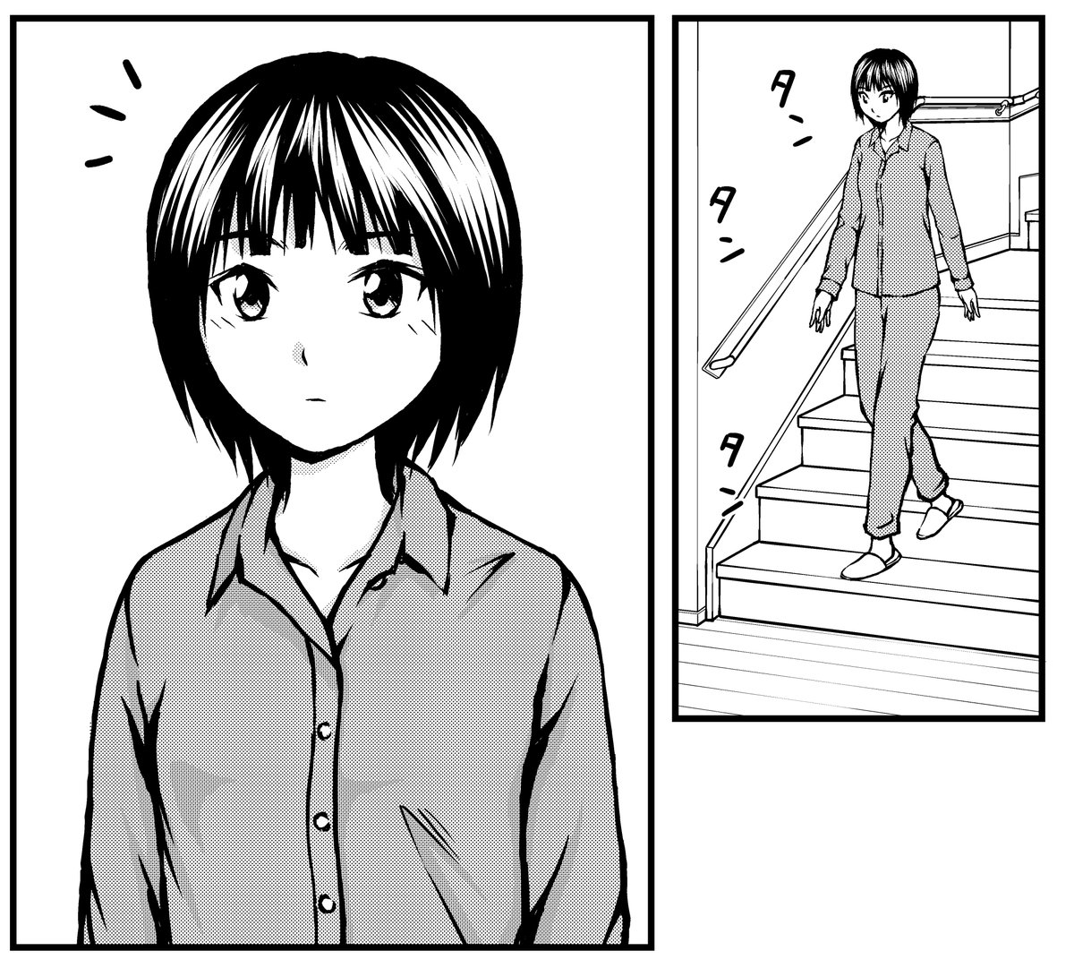 この1コマ目の背景の線画を描いたのと、服にトーン貼りました。

影や他のトーン(色)は保留にして別の全然やってないコマやります。 